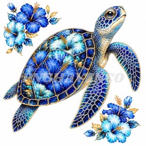 Puede incluir: Una ilustración de una tortuga marina con un caparazón estampado con vibrantes flores de hibisco azules y blancas. La tortuga tiene una piel azul texturizada con contornos dorados. Racimos adicionales de flores de hibisco azules rodean la cabeza y la cola.