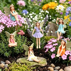 6Pcs Flower Fairy Garden Figurines Set, Miniature Fairy Garden Accessories, Resin Garden Stakes, Gift for Fairy Garden Lovers