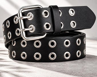 Double Grommet Belt, Punk Leather Belt, Gothic Waist Belt, Emo Grunge Belt, Alternative Fashion Accessory for Men Women
