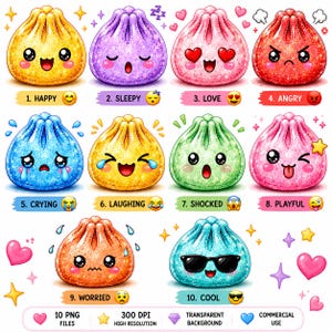 Glitter Dumpling Clipart Bundle, Kawaii Emoji Dumpling PNGs (Digital Download)