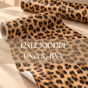 May include: Two rolls of digital paper featuring a brown, tan, and black leopard print pattern. The image includes the text 12x12 300DPI PNG & JPG, indicating the file dimensions and formats for this digital graphic design asset.