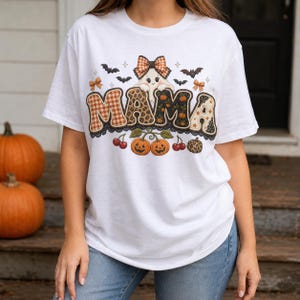 Preppy Halloween Mama PNG, schattige spookpompoen met kersen, luipaardprint met ruitjespatroon voor de herfst, sublimatie digitale download