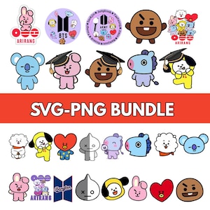 Puede incluir: Una colección de archivos gráficos digitales con personajes BT21 y logotipos de BTS en varias poses y estilos. El conjunto incluye ilustraciones individuales, diseños grupales y emblemas circulares con texto. Una franja roja central muestra SVG-PNG BUNDLE.