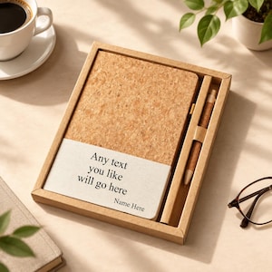Op de afbeelding: Een rechthoekig notitieboek met een kurken kaft en een bijpassende kurken pen in een kartonnen geschenkdoos. De kaft van het notitieboek heeft onderaan een wit stoffen gedeelte met de gedrukte tekst: Any text you like will go here, Name Here.