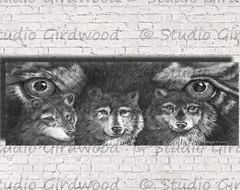 Lone Wolf Black and White Wood Mounted Canvas Art Décor d'un dessin au crayon par Sharon Girdwood #12