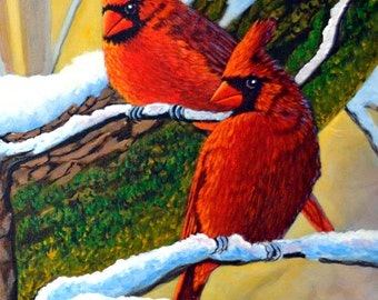 Winter Cardinals Colorful Wood Mounted Canvas Art Decor from an original acrylic painting by Sharon Girdwood #36