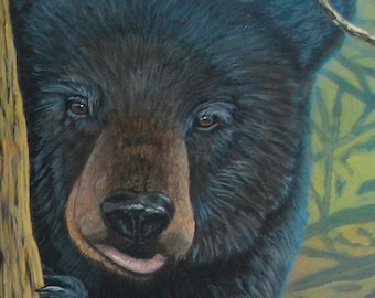 Curious Black Bear Colorful Wood Mounted Canvas Art Décor from an original acrylic painting by Sharon Girdwood #02