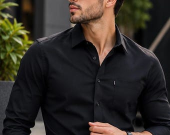 Zwart katoenen premium herenshirt lange mouw button-down slim fit casual formele kantoorkleding klassiek minimalistisch herenshirt Cadeau voor hem