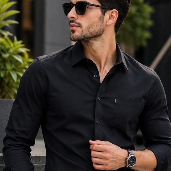 Men's Black Cotton Long Sleeve Button-Down Shirt – Slim Fit Office Wear