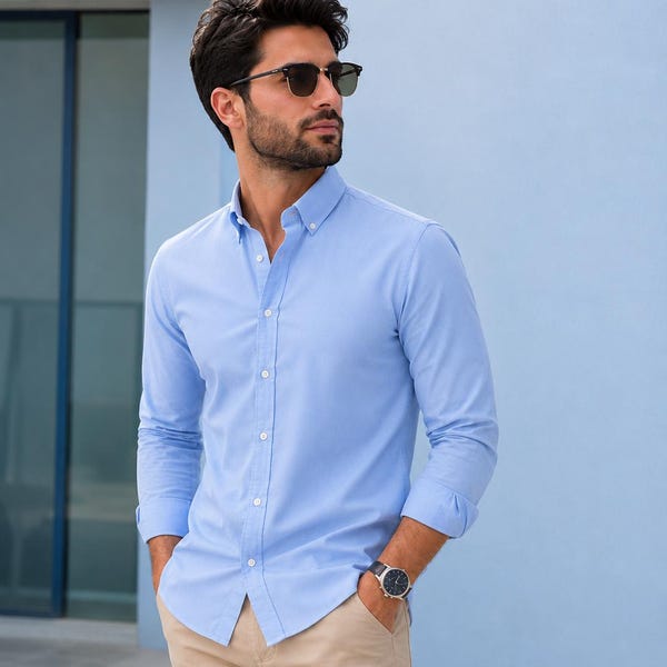 Men's Light Blue Cotton Oxford Shirt: Slim Fit, Long Sleeve Business Casual