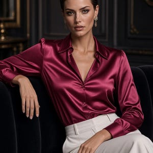 Puede incluir: Una camisa de manga larga con botones en tela de satén color burdeos intenso, con cuello en punta y puños abotonados, combinada con pantalones blancos de talle alto. La camisa presenta un acabado liso y reflectante con un corte clásico entallado.