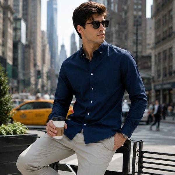 Men's Navy Blue Cotton Button-Down Shirt | Breathable Modern Fit Casual Formal