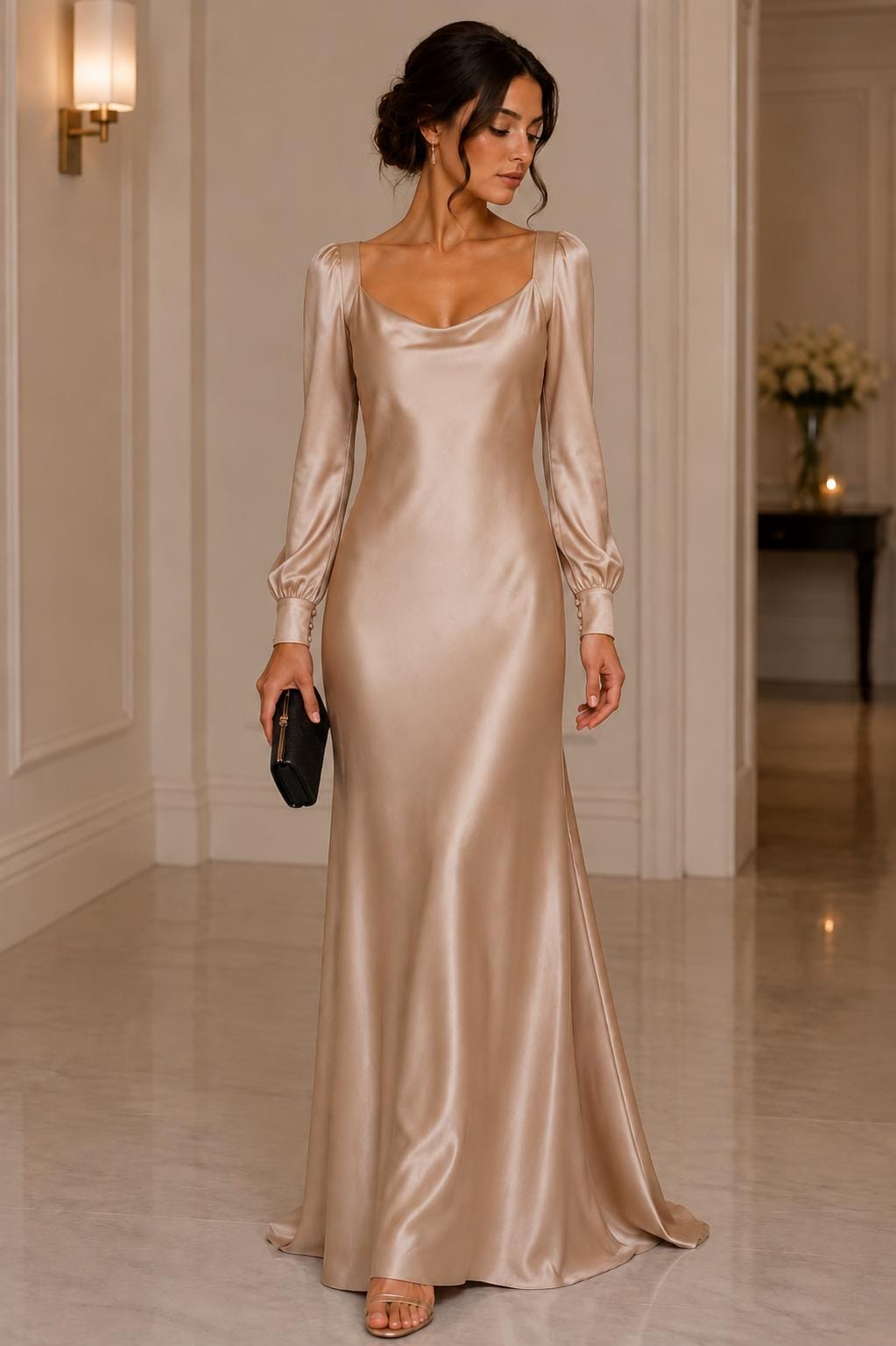gold long sleeve satin dress Size:10-11 Years
