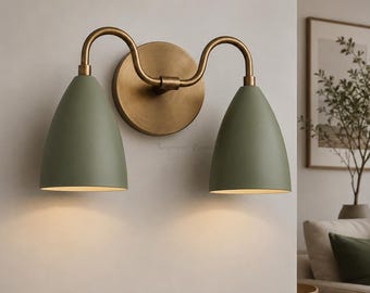 Brass Double Wall Sconce, Modern Brass Bathroom Light, White Shade Wall Light, 2 Light Vanity Sconce, Mid Century Wall Lamp Hallway Lighting
