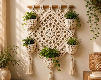 May include: A cream-colored macrame wall hanging featuring a central diamond pattern with five integrated pockets holding green potted plants. The piece is suspended from a wooden dowel with a rope and includes decorative tassels at the bottom.