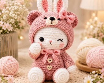 Puede incluir: Un peluche tejido a ganchillo con forma de criatura blanca similar a un oso, que lleva un mono rosa con capucha, orejas de conejo y un pequeño lazo. El mono tiene dos botones de madera en forma de corazón en la parte delantera y ojos negros.
