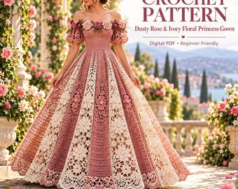 May include: A crochet pattern for a dusty rose and ivory floral princess gown. The text reads CROCHET PATTERN, Dusty Rose & Ivory Floral Princess Gown, Digital PDF, Beginner Friendly. The gown features off-the-shoulder puff sleeves and floral motifs.