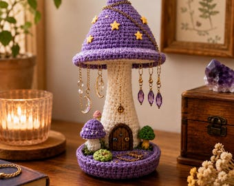 Crochet Mushroom Jewelry Holder Pattern | Fairycore Stand, Moon Charms (Digital Download)
