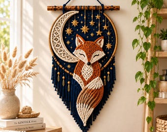 May include: A macrame wall hanging featuring a central orange and cream fox figure nestled against a large cream crescent moon. The design is set against a dark blue circular background adorned with gold star accents and finished with long blue fringe.