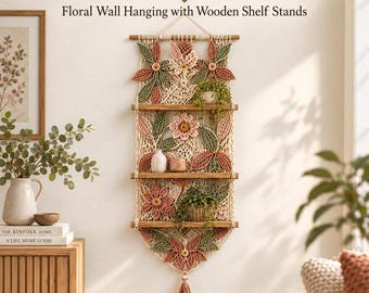 May include: A crochet pattern for a floral wall hanging with wooden shelf stands. The design features cream-colored macrame netting adorned with crocheted flowers and leaves in shades of sage green, dusty rose, and tan, suspended from a wooden rod.