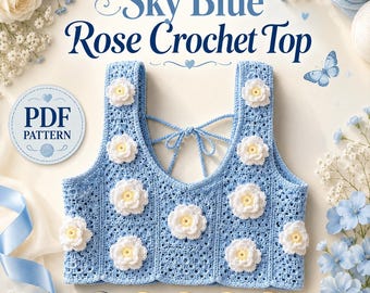 May include: A sky blue crochet top featuring white floral appliqués with yellow centers, a scoop neckline, and thin tie-back straps. The text reads Sky Blue Rose Crochet Top and PDF Pattern. The design includes a grid-like stitch pattern.
