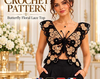 May include: A crochet pattern for a butterfly floral lace top. The top features a black and beige butterfly design with a central black body, antennae, and intricate floral lace wings. The text CROCHET PATTERN Butterfly Floral Lace Top is visible.