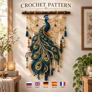 May include: A wall hanging crochet pattern featuring a peacock design in shades of deep blue, teal, and gold. The peacock is suspended from a dark wooden branch with intricate lace-like crochet work, gold beads, and blue tassels hanging below.