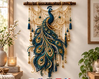 May include: A wall hanging crochet pattern featuring a peacock design in shades of deep blue, teal, and gold. The peacock is suspended from a dark wooden branch with intricate lace-like crochet work, gold beads, and blue tassels hanging below.