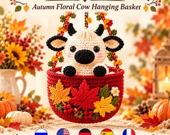 May include: A crochet pattern titled Crochet Pattern Autumn Floral Cow Hanging Basket featuring a white and black cow plush sitting in a red basket decorated with crocheted autumn leaves, berries, and flowers, suspended by braided straps.