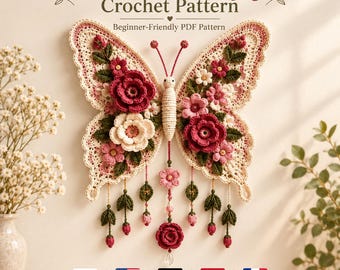 May include: A crochet butterfly wall hanging featuring cream-colored wings adorned with dark red, light pink, and white crocheted flowers and green leaves. The text reads Floral Butterfly Crochet Pattern Beginner-Friendly PDF Pattern.