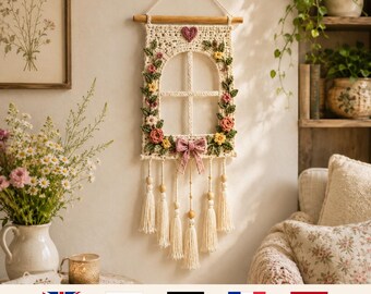 Crochet Window Wall Hanging Pattern | Floral Cottagecore Boho Tassel Art (Digital Download)