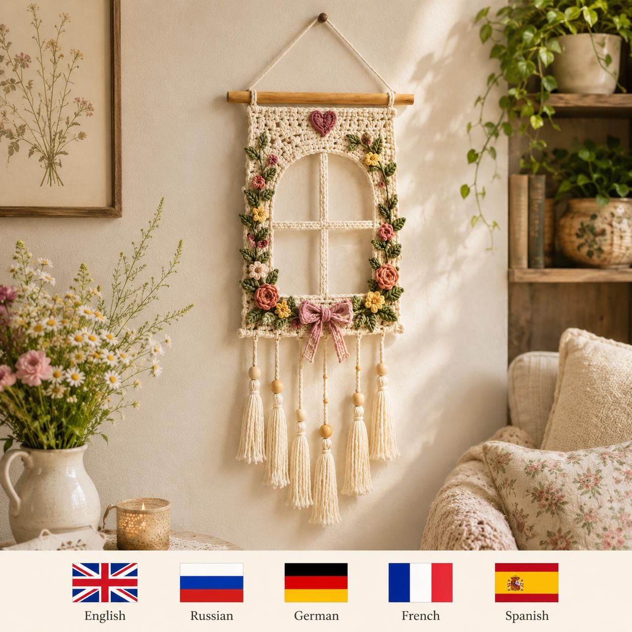 30 Framed Crochet Wall Art Patterns for Stylish, Handmade Decor 21 Crochet Window Wall Hanging with Floral Details
