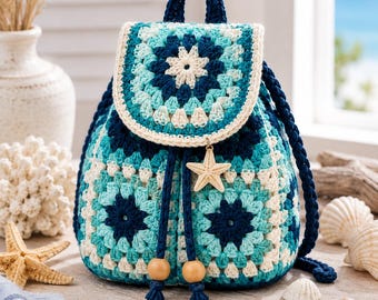 Ocean Granny Square Crochet Backpack Pattern | Beach Boho Drawstring Bag (Digital Download)