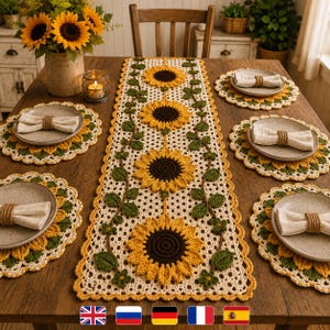 Sunflower Table Runner Crochet Pattern PDF | Crochet Placemat Set | Farmhouse Dining Table Decor | Floral Lace Table Runner Digital Download