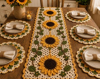Sunflower Crochet Table Runner & Placemat Pattern | Farmhouse Lace Dining Decor (Digital Download)