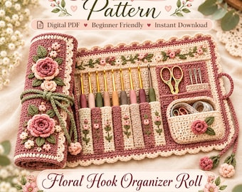 May include: A crochet pattern for a floral hook organizer roll, featuring a digital PDF download. The organizer is dusty rose and cream with embroidered flower motifs, holding several crochet hooks, gold scissors, and needles.