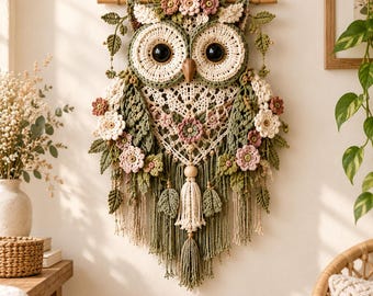 May include: A wall hanging featuring a crocheted owl with large dark eyes, a wooden beak, and intricate cream and sage green yarn details. The owl is adorned with crocheted flowers in shades of pink and cream, hanging from a wooden dowel with tassels.