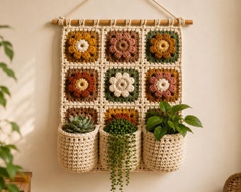 Crochet Wall Hanging Pattern PDF | Floral Granny Square Plant Pocket Organizer (Digital Download)