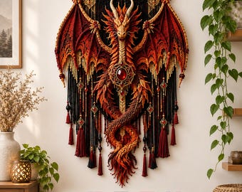 May include: A wall hanging featuring a detailed red and orange dragon with large wings, crafted with intricate fiber textures. The dragon is centered on a black background with hanging tassels, beads, and a prominent red gemstone at its chest.