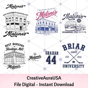 Puede incluir: Una colección de diseños gráficos digitales que presentan el restaurante Malone's con ilustraciones de edificios, imágenes de hamburguesas y patatas fritas, y logotipos de hockey de Briar University Hawks con el texto Graham 44 en una cuadrícula.