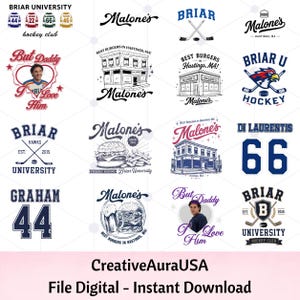 Peut inclure: Une collection numérique de seize designs graphiques présentant des thèmes de hockey de l'Université Briar, des images du restaurant Malone's, des illustrations de burgers et frites, des maillots de sport numérotés et des slogans comme But Daddy I Love Him.
