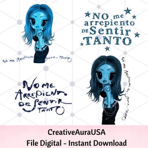 May include: A digital graphic set featuring two illustrations of a blue-skinned character with long dark blue hair, wearing a black top and trousers, alongside the text NO me arrepiento DE Sentir TANTO in various stylised fonts and glittery blue textures.