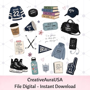 May include: A collection of digital illustrations featuring hockey-themed items including a jersey with Decker 22, a puck, a stack of books, a Briar U cap, a duffel bag, a coffee cup, a megaphone, a ticket, hockey sticks, a pennant, a hoodie, and skates.