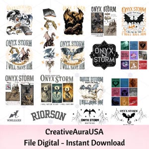 Könnte beinhalten: Eine digitale Sammlung von Onyx Storm-Grafikdesigns mit verschiedenen Drachenillustrationen, Burgmotiven und Textelementen wie Onyx Storm, I Will Not Die Today, I Will Save Him, Basgiath War College und Riorson.