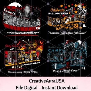Könnte beinhalten: Ein digitales Grafikdesign mit vier Horrormotiv-Themen auf schwarzem Hintergrund. Jeder Abschnitt enthält ikonische Figuren und stilisierte Schriftzüge wie Come to Woodsboro, Celebrate Halloween in Haddonfield, Stay Over at Elm Street und Camp Crystal Lake.