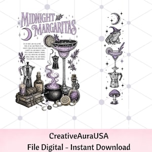 Peut inclure: Une illustration numérique avec le texte Midnight Margaritas, un verre à cocktail, un chaudron avec de la fumée violette, une cafetière italienne, des livres, une bouteille à tête de mort et un crapaud portant un chapeau, des étoiles et un champignon.