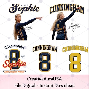 Può includere: Una collezione grafica digitale che ritrae la giocatrice di basket Sophie Cunningham con una maglia blu navy e oro con il numero 8. Include elementi testuali come Spicy Sophie, Cunningham e Indiana Basketball, insieme a firme e numeri di maglia.