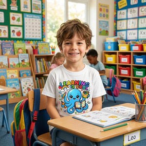 Peut inclure: Un t-shirt blanc à manches courtes avec un motif coloré représentant une pieuvre bleue tenant un crayon, une boîte de crayons de couleur et un livre ouvert. Le texte au-dessus de la pieuvre indique Learning is Cool en lettres bulles.