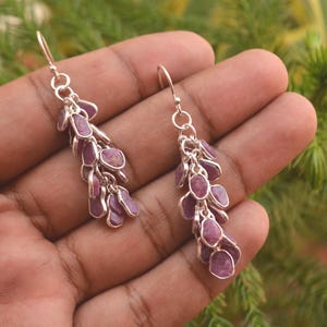 May include: A pair of dangle earrings featuring multiple small, raw, deep pink ruby-like stones suspended from silver-toned metal hooks. Each earring consists of several irregular, tumbled stone pieces clustered together to create a textured, cascading effect.