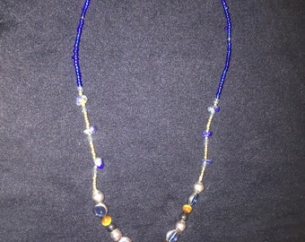 Blue moss agate and pyrite necklace with glass and lapis lazuli